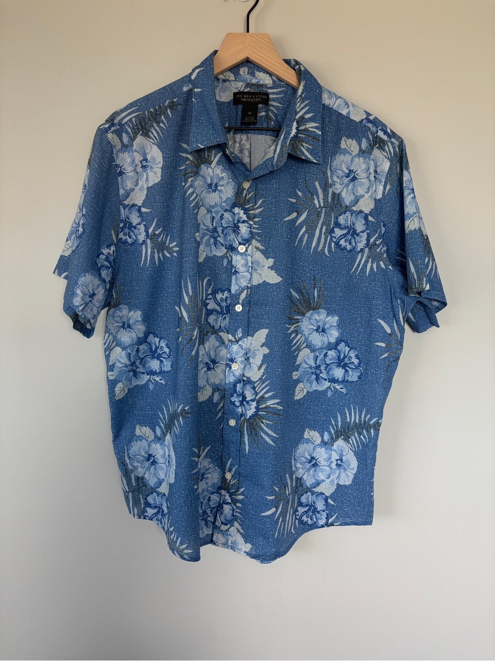 BLOOMINGDALES Men's Hawaiian Camp Shirt Blue Hibiscus Floral 100% Cotton XL
